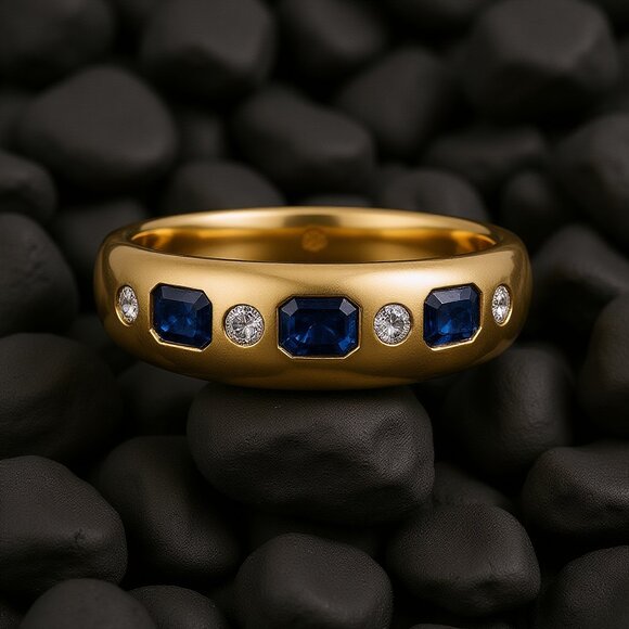 Emerald-Cut 14K (18k upon request) Yellow Gold Blue Sapphire Diamond Band Ring - Picture 4 of 6